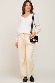 Beige Drawstring Pleated Maternity Denim Pants