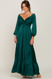 Forest Green Smocked Off Shoulder Satin Maxi Dress