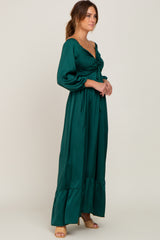 Forest Green Smocked Off Shoulder Satin Maxi Dress