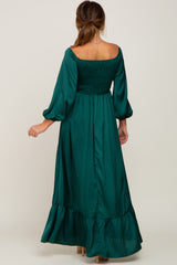 Forest Green Smocked Off Shoulder Satin Maxi Dress