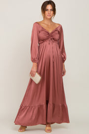 Mauve Smocked Off Shoulder Satin Maxi Dress