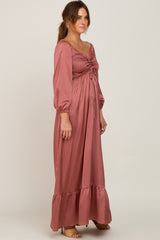 Mauve Smocked Off Shoulder Satin Maxi Dress