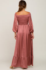 Mauve Smocked Off Shoulder Satin Maxi Dress