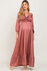 Mauve Smocked Off Shoulder Satin Maternity Maxi Dress