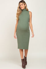 Sage Ribbed Turtle Neck Sleeveless Maternity Midi Dress