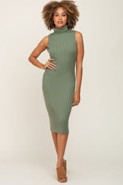 Sage Ribbed Turtle Neck Sleeveless Midi Dress