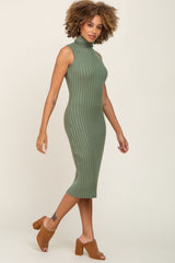 Sage Ribbed Turtle Neck Sleeveless Midi Dress