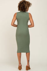 Sage Ribbed Turtle Neck Sleeveless Midi Dress