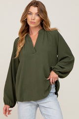 Olive Basic V-Neck Maternity Blouse