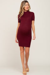 Burgundy Ribbed Mock Neck Maternity Dress