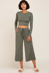 Olive Cropped Long Sleeve Lounge Set