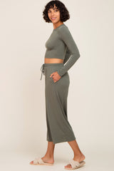 Olive Cropped Long Sleeve Lounge Set