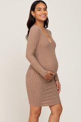 Taupe Soft Ribbed Long Sleeve Maternity Midi Dress