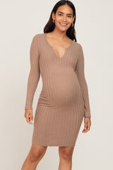 Taupe Soft Ribbed Long Sleeve Maternity Midi Dress