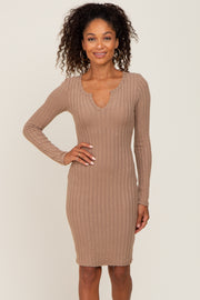 Taupe Soft Ribbed Long Sleeve Midi Dress