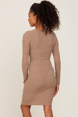 Taupe Soft Ribbed Long Sleeve Midi Dress