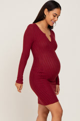 Burgundy Soft Ribbed Long Sleeve Maternity Midi Dress