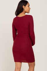 Burgundy Soft Ribbed Long Sleeve Maternity Midi Dress