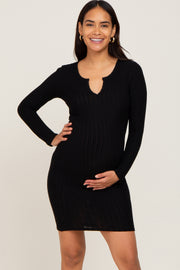 Black Soft Ribbed Long Sleeve Maternity Midi Dress