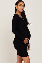 Black Soft Ribbed Long Sleeve Maternity Midi Dress