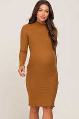 Camel Ribbed Mock Neck Maternity Dress