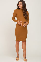 Camel Ribbed Mock Neck Maternity Dress