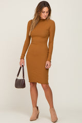 Camel Ribbed Mock Neck Dress