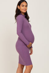 Purple Ribbed Mock Neck Maternity Dress