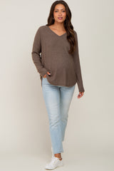 Brown Brushed Knit Basic Long Sleeve Maternity Top