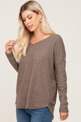 Brown Brushed Knit Basic Long Sleeve Top