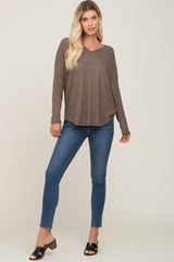 Brown Brushed Knit Basic Long Sleeve Top