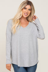 Heather Grey Brushed Knit Basic Long Sleeve Top