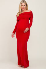 Red Metallic Off Shoulder Long Sleeve Maternity Maxi Dress