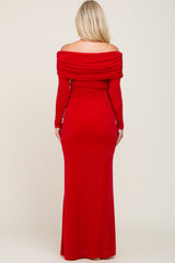 Red Metallic Off Shoulder Long Sleeve Maternity Maxi Dress