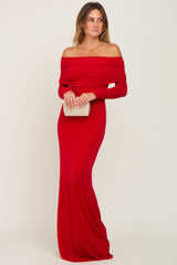 Red Metallic Off Shoulder Long Sleeve Maternity Maxi Dress