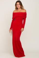 Red Metallic Off Shoulder Long Sleeve Maxi Dress