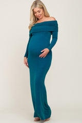 Teal Metallic Off Shoulder Long Sleeve Maternity Maxi Dress