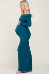 Teal Metallic Off Shoulder Long Sleeve Maternity Maxi Dress