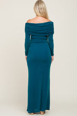 Teal Metallic Off Shoulder Long Sleeve Maternity Maxi Dress