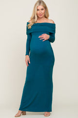 Teal Metallic Off Shoulder Long Sleeve Maternity Maxi Dress