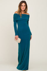 Teal Metallic Off Shoulder Long Sleeve Maxi Dress