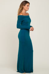 Teal Metallic Off Shoulder Long Sleeve Maxi Dress