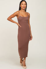 Mocha Ribbed Fitted Sleeveless Midi Dress