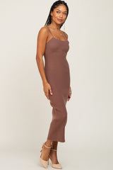 Mocha Ribbed Fitted Sleeveless Midi Dress