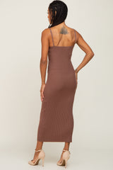 Mocha Ribbed Fitted Sleeveless Midi Dress