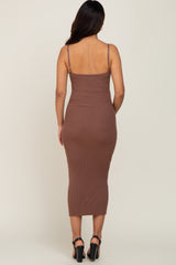 Mocha Ribbed Fitted Sleeveless Maternity Midi Dress