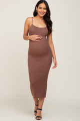 Mocha Ribbed Fitted Sleeveless Maternity Midi Dress