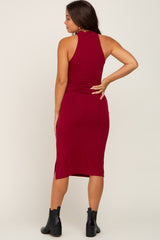 Burgundy High Neck Maternity Midi Dress