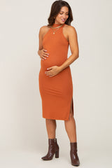 Camel High Neck Maternity Midi Dress