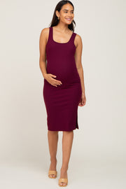 Plum Rib Knit Side Slit Maternity Midi Dress